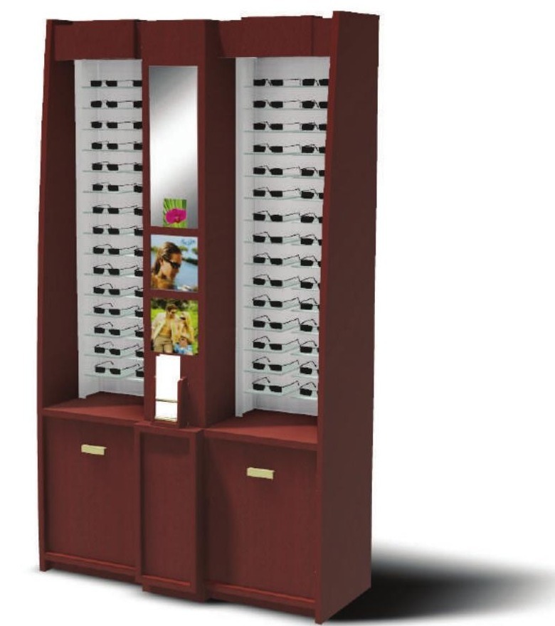 Modular eyewear wall fixture, three-quarter view