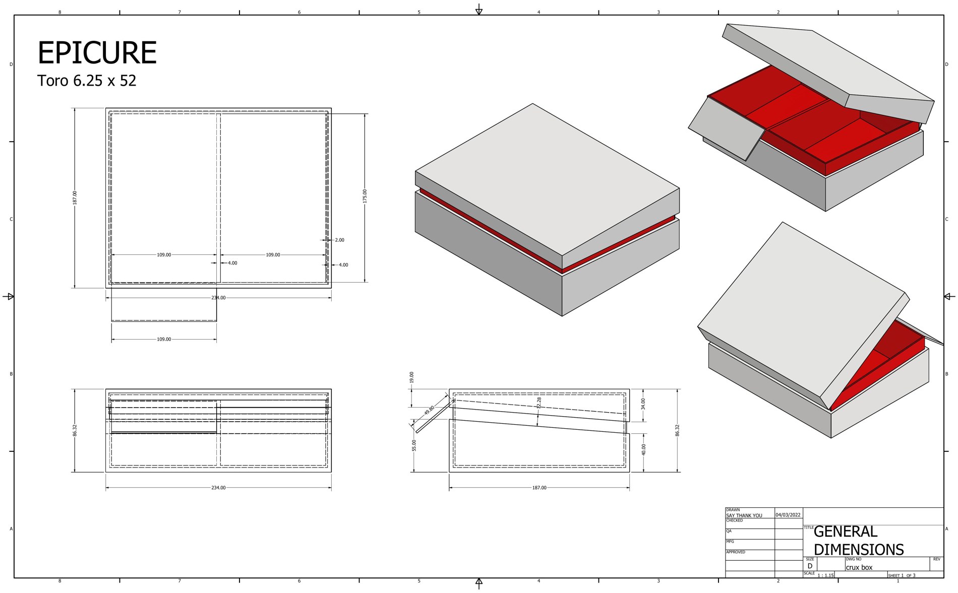 Crux Cigars Epicure box, dimensioned engineering drawing