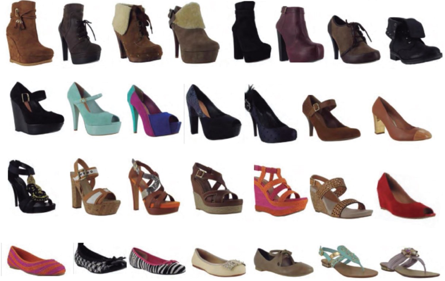Grid of footwear designs, heels boots and sandals