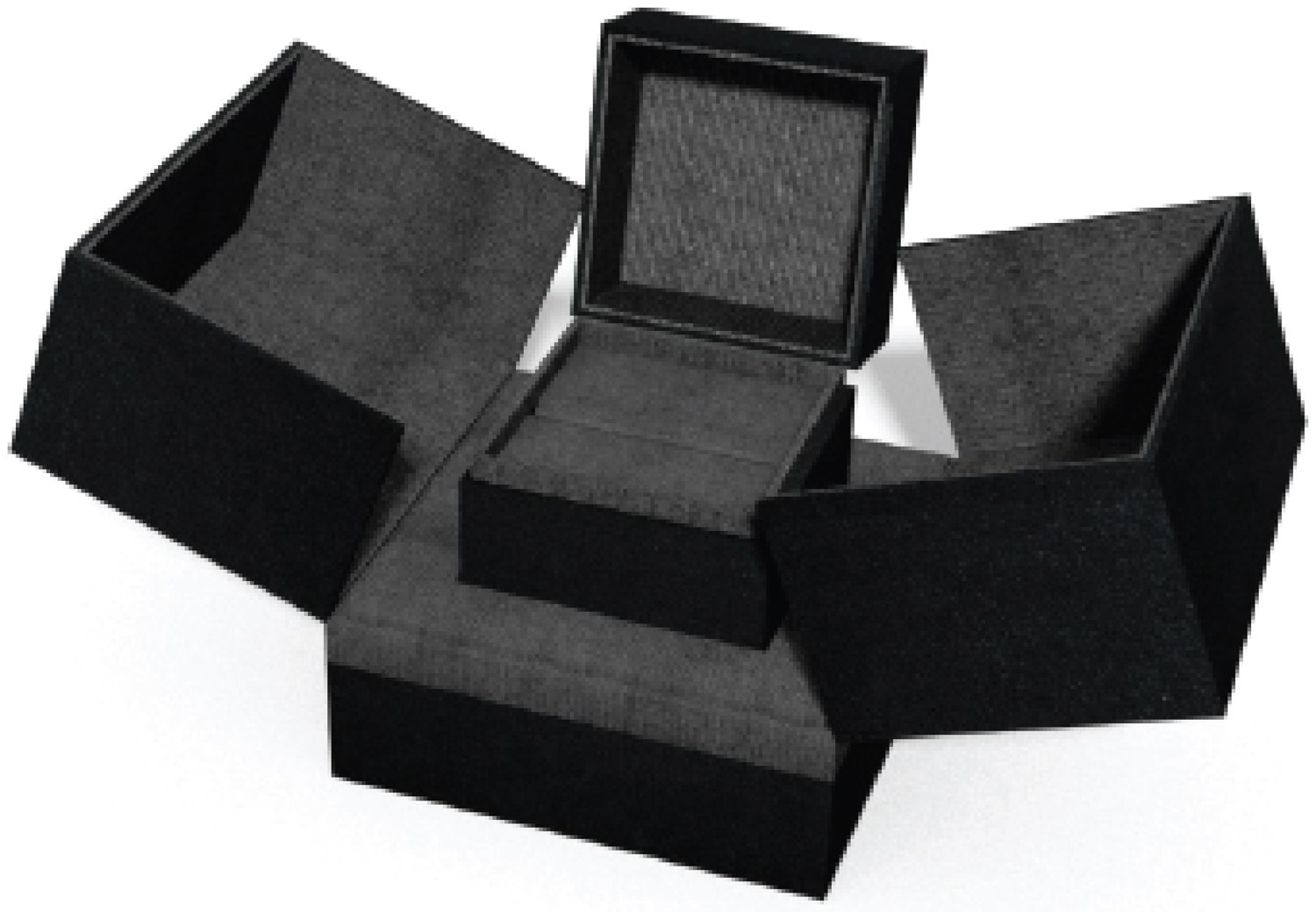 Black presentation boxes, exploded arrangement