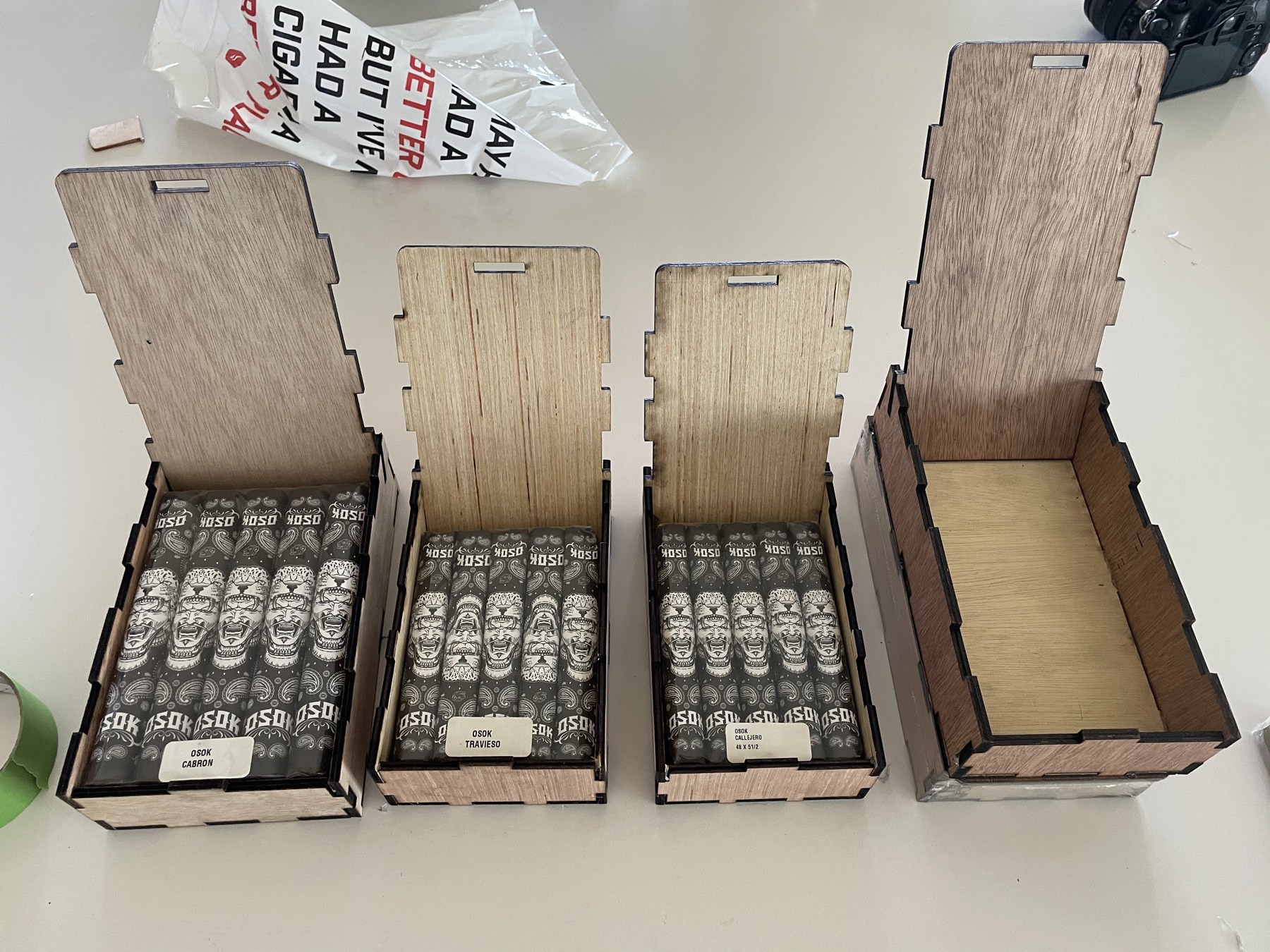 Labeled prototype boxes loaded with product